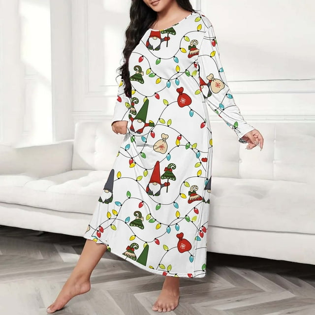 siminseming Chemises de Nuit de Noël pour Femmes & Chemises de Nuit Grande Taille Robe de Nuit Décontractée Imprimé de Noël Manches Longues Col Rond Extensible Ample Vêtements Chaussures & Accessoires