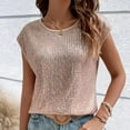 thumbnail image 4 of RMGVDSD Trendy Tops for Women Solid Color Sequin Round Neck Tee Shirts Shiny Cap Sleeve T Shirts Fashion Blouse Tops Casual Party Wear Versatile Tee Blouse, 4 of 9