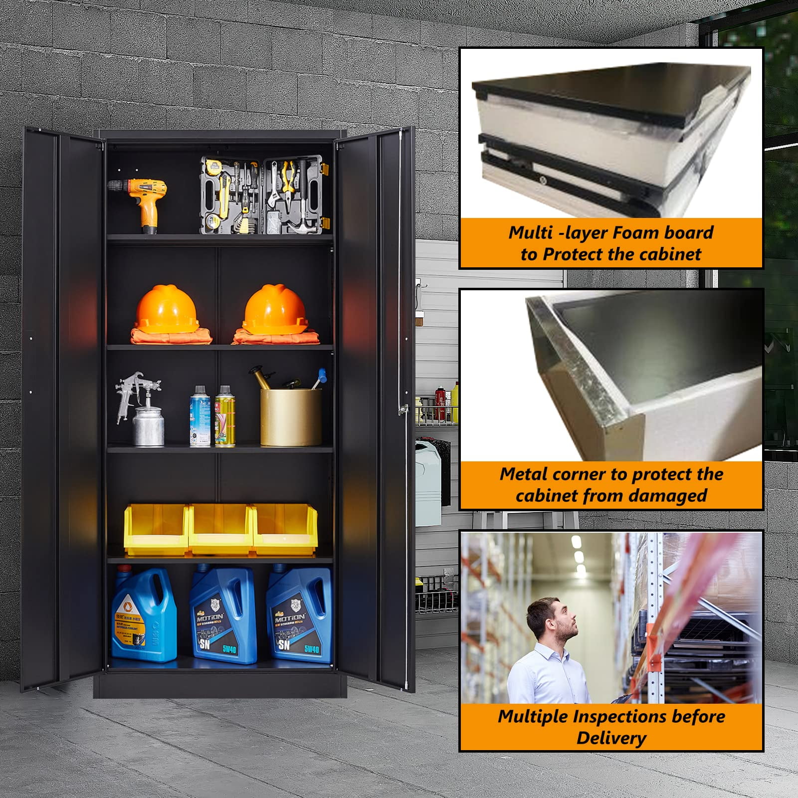 STANI Metal Garage Storage Cabinet with 2 Doors and 5 Adjustable Shelves - 71" Steel Lockable File Cabinet,Locking Tool Cabinets for Office,Home,Garage,Gym