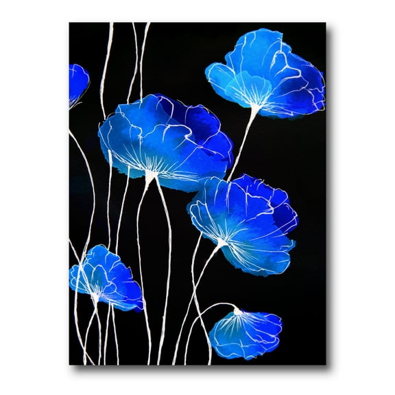 Designart ' Detail of Blue Flowers On Black Background II ' Traditional Canvas Wall Art Print