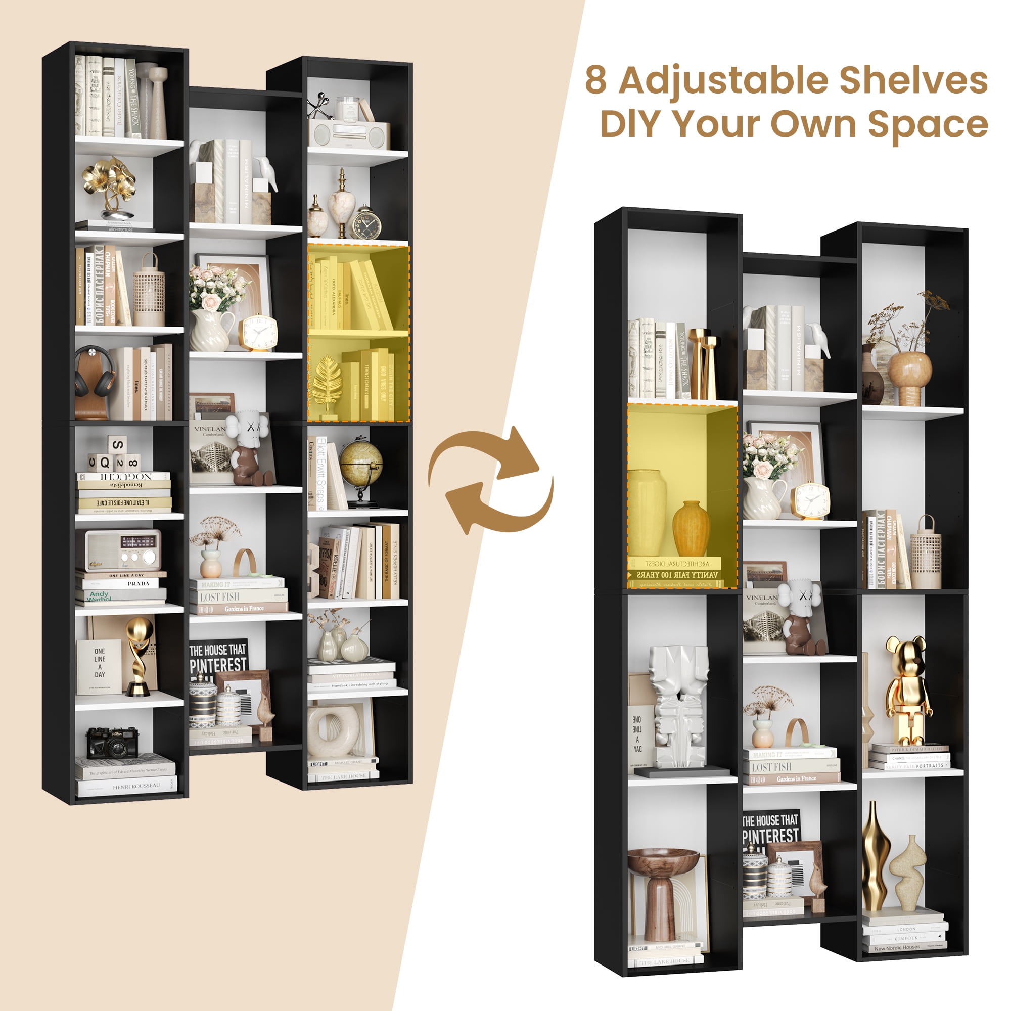 Homfa 2 Pieces Bookshelves, 71’’ Tall Three Row Bookshelf with Adjustable Shelves, 21-Cubes CD Display Storage Organizer Shelf for Living Room Home Office, Black+White