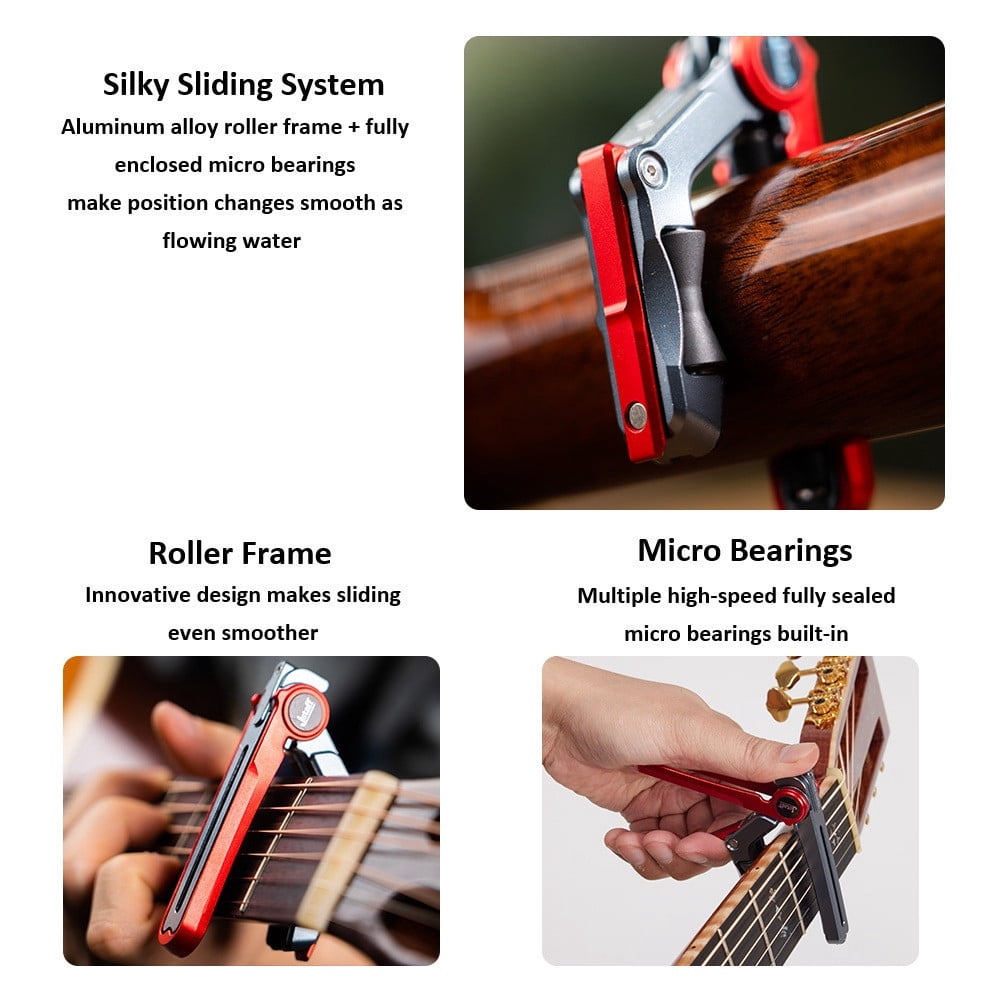 JStaff S1 Gliding Capo - Aluminum & Silicone Roller Capo for Acoustic Guitars Yellow