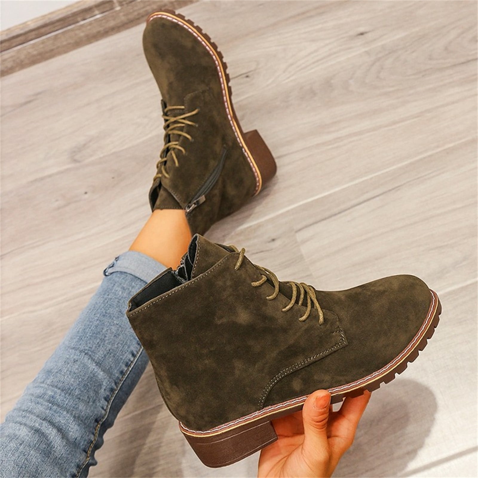 B91xZ Ankle Boots Women Low Heel Platform Chunky Chelsea Combat Lace up Ankle Boots Green 7.5