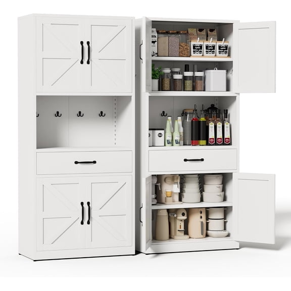 72" Tall White Steel Kitchen Pantry Storage Cabinet with Large Countertop and Adjustable Shelves, Metal Farmhouse Cabinets for Living Room, Bathroom, Heavy Duty Rustic Pantry