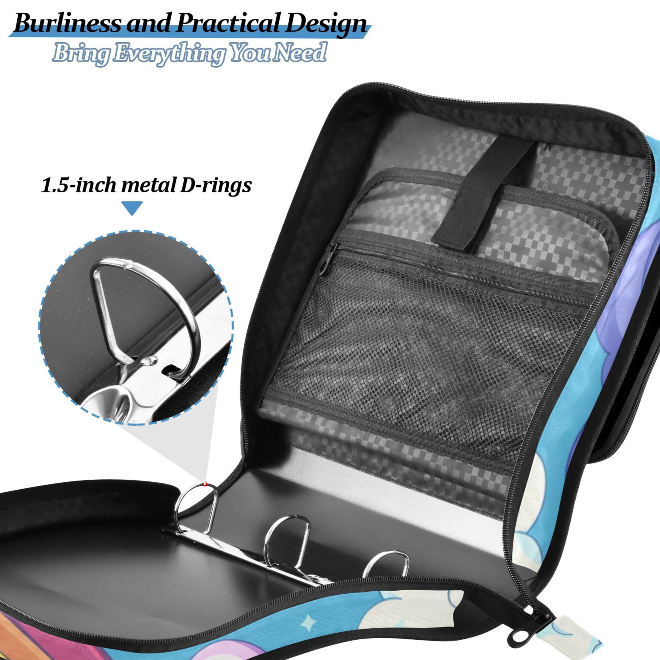 3 Ring Zipper Binder with Shoulder Strap Waterproof Trapper Keeper 2 Inch D-Ring 500 Sheets Capacity Cartoon Rainbow and Cloud