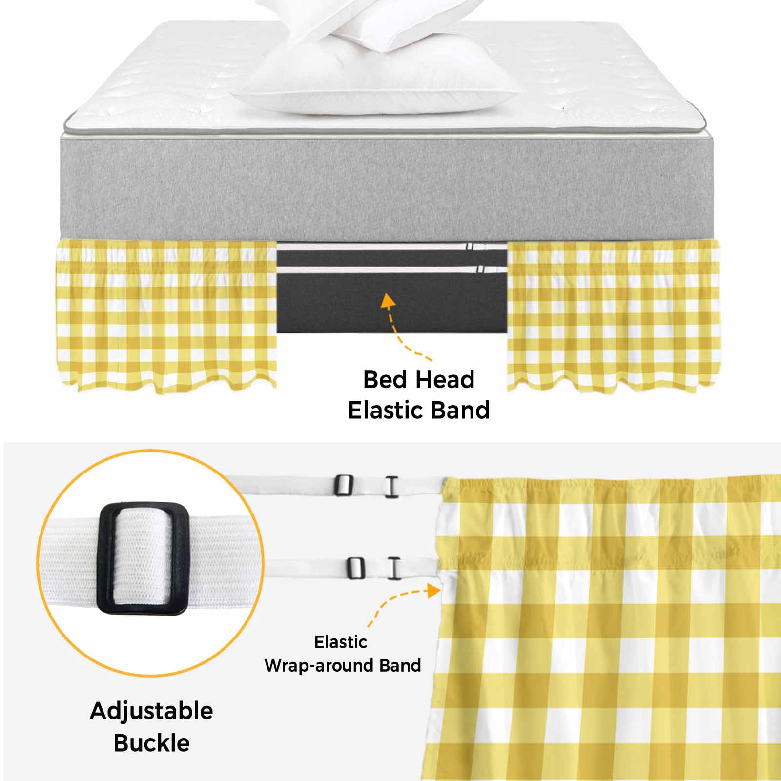Yellow Gradient Bed Skirt Queen Size, Farm Plaid Buffalo Checkered Gingham Wrap Around Bed Skirting with Adjustable Elastic Strap, Dust Ruffle Pleated Bedskirts 18 Inch Drop for Bedroom Queen Beds