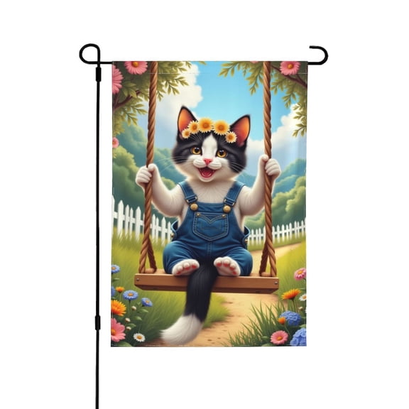 Cute Cat On Swing Garden Flag 12x18 Inch Double Sided Whimsical Kitten Flower Wreath Yard Flag Playful Summer Outdoor House Flag Lawn Decoration Banner