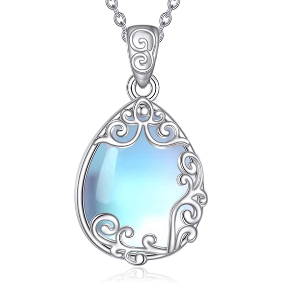 YAFEINI Moonstone Necklace Gifts Sterling Silver Vintage Filigree Teardrop Pendant Necklace Jewelry Gifts for Women