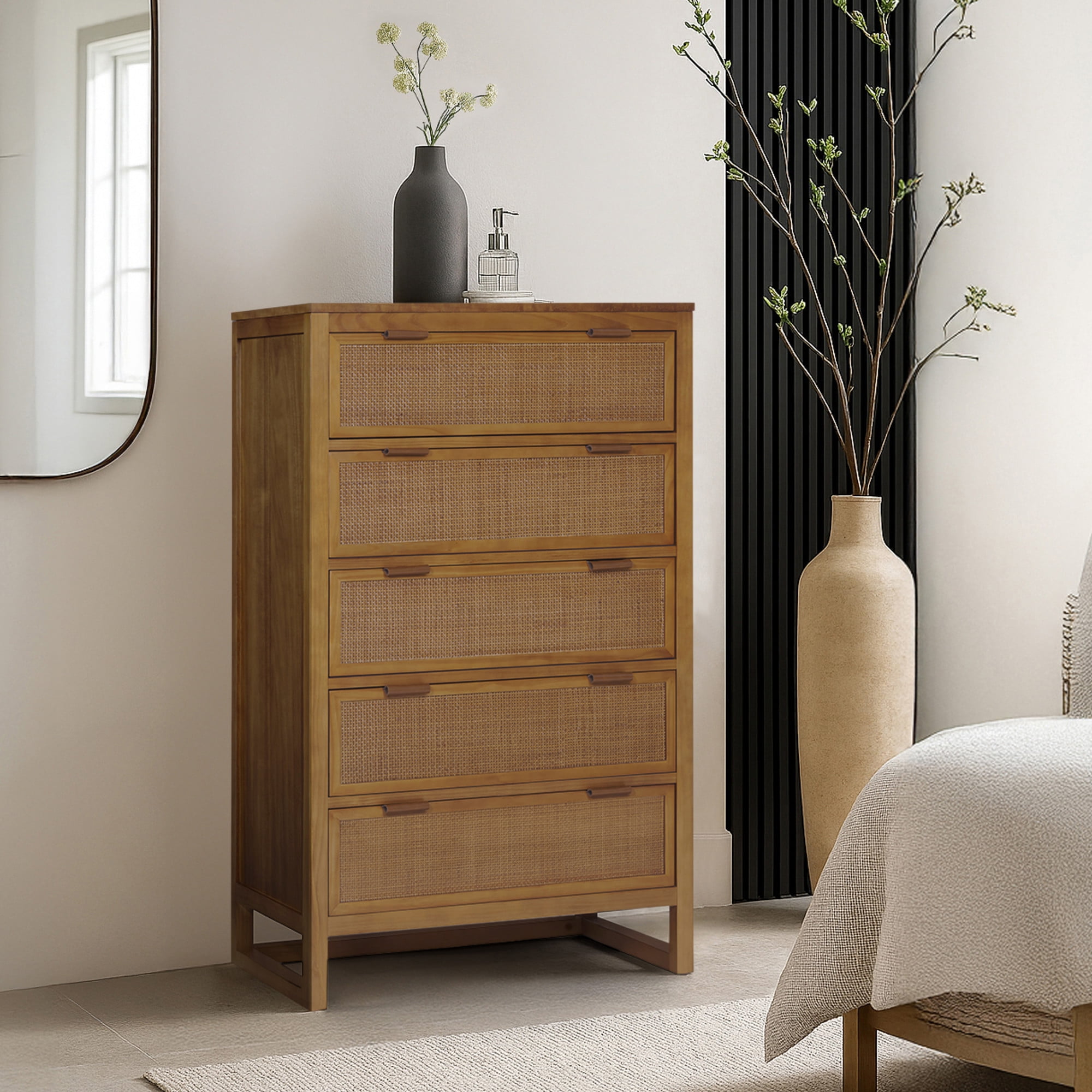Hatteras Dresser with 5 Rattan Inlay Drawers, Natural – Teamson Home: Wide & Deep Storage with Coastal Modern Style