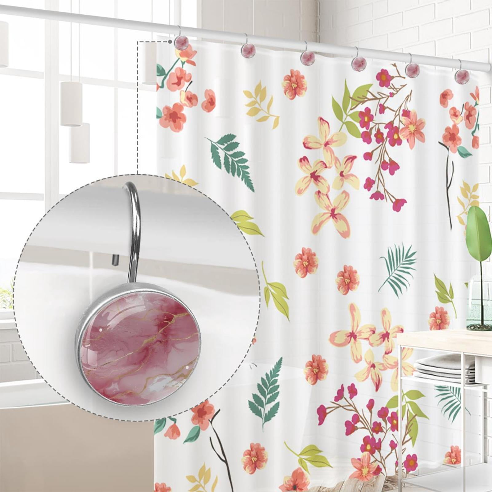 HemaKayy 12 Pcs Shower Curtain Hooks Bathroom Decorative Accessories Pink White Marble