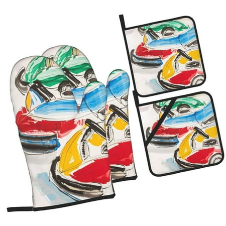 

Pofeuu Colorful Abstract Bumper Cars Print Oven Mitts and Pot Holders 4 pcs Set High Heat Resistant 500 Degree Extra Thicken Long Kitchen Cotton Oven Glove for Cooking