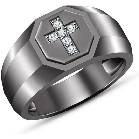 14K Black Gold Finish Round Cut White Diamond 925 Sterling Silver Cross Wedding Engagement Ring for Men