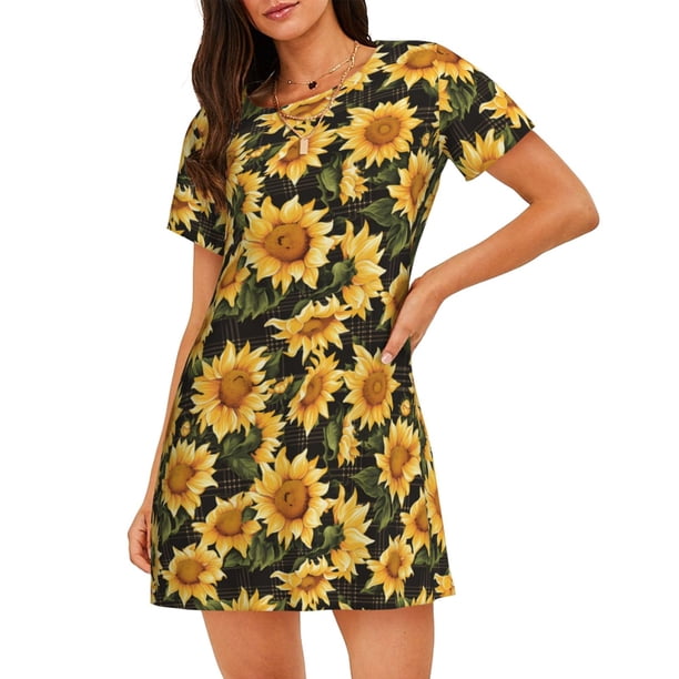Easygdp Vintage Black Plaid Sunflower Camisón de manga corta para mujer, informal, estampado
