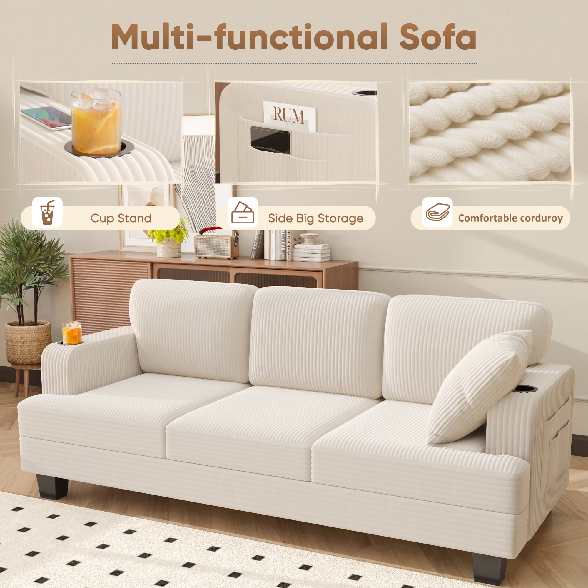 Furmax 84''W 3 Seat Sofa Couch Wide Armrest Modern Fabric Sofa with USB Charging Ports Corduroy Couch for Living Room,Beige