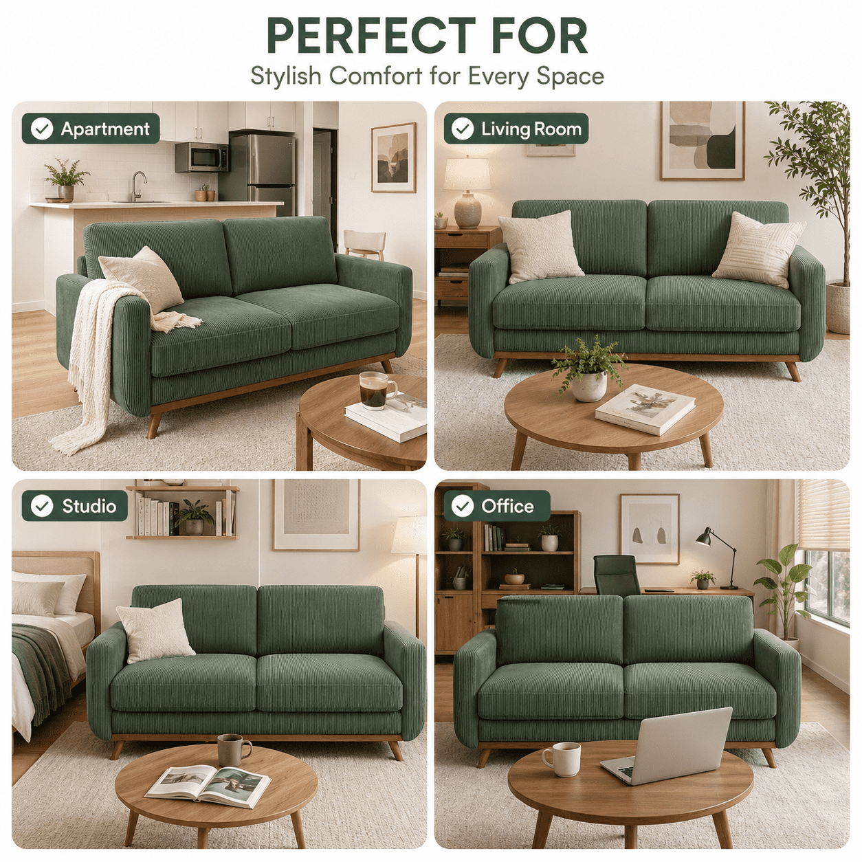 Neche 68" Corduroy Sofa for Living Room, 2 Seater Modern Couch for Small Space Office, Comfy Loveseat in a Box, Green
