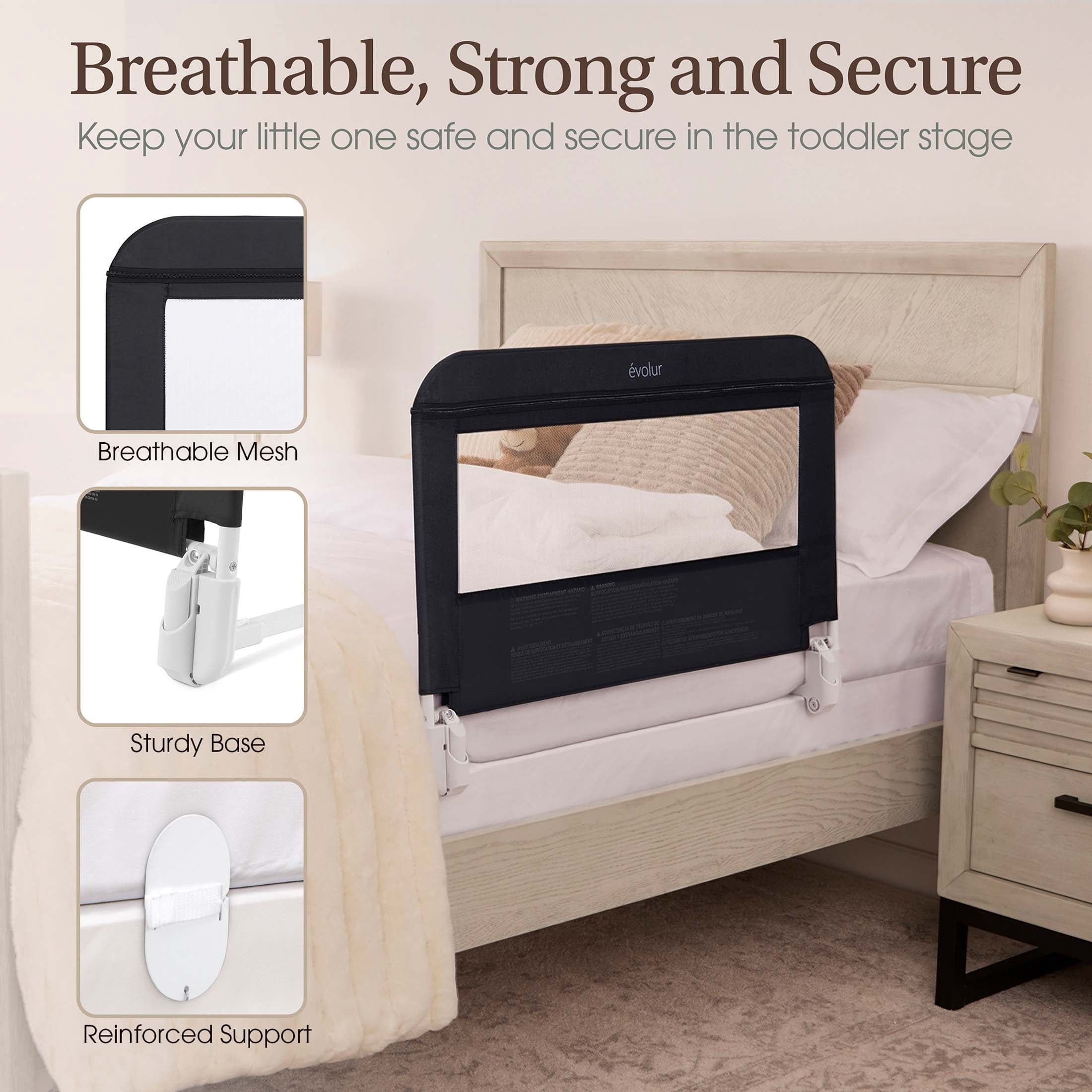 Evolur Snooze Shield Bed Rail for Toddlers, Swing-Down, 33 in, Black
