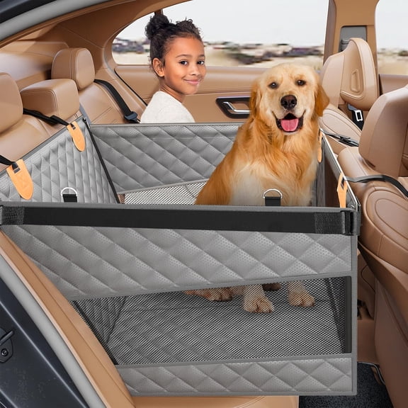Large Dog Car Seat, Back Seat Extender for Dogs with 3 Mesh Windows, Waterproof Medium Carseat for Dogs with Hard Bottom, Pet Seat Cover for Cars, Trucks and SUVs (Gray)