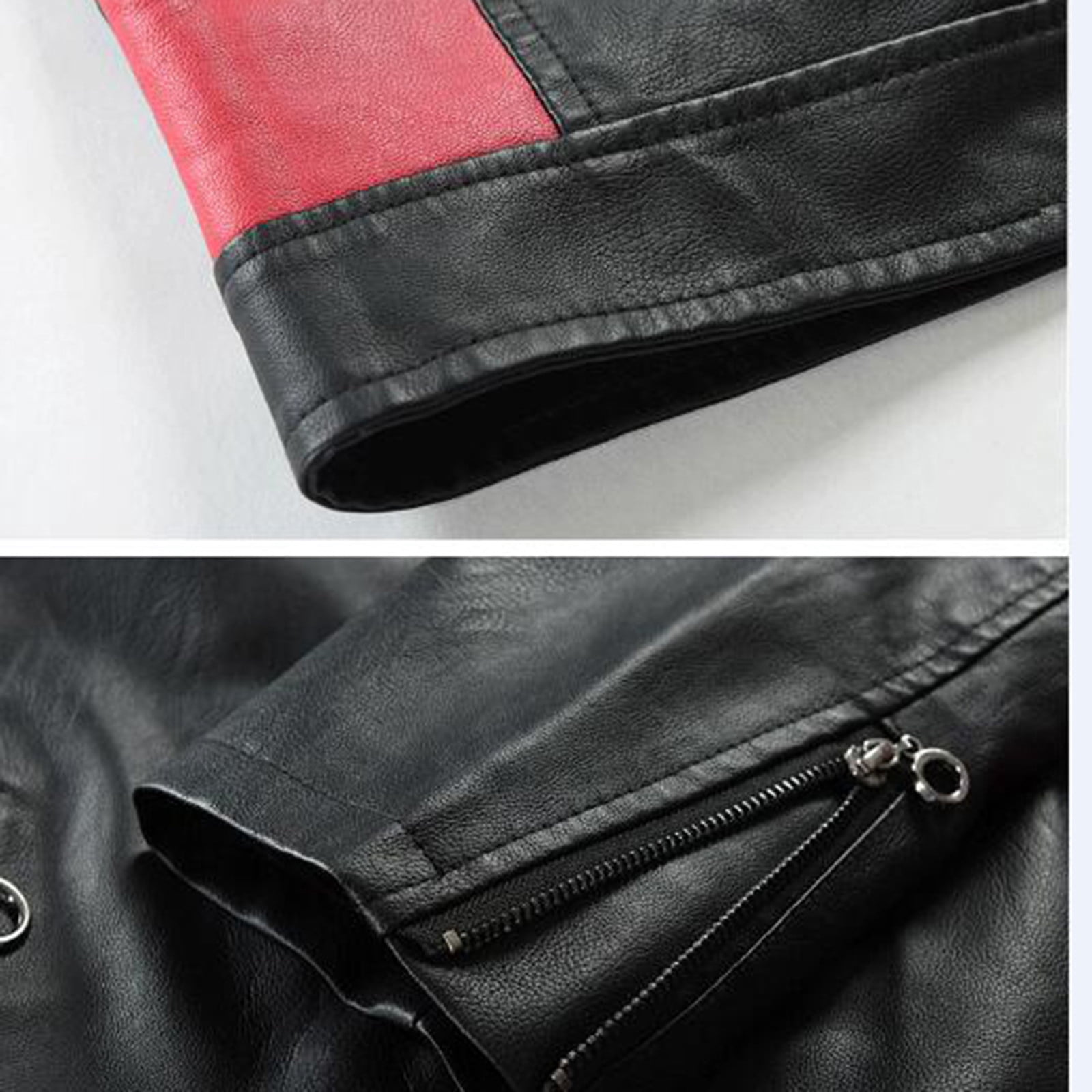 IROINNID Men's Faux Leather Stand Collar Long Sleeve Color Block Leisure Stand Collar Pocket Color Block Jacket