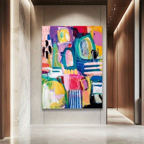 Canvas Painting on Canvas - Modern Abstract Multicolor Wall Art in Pink, Green, Blue, Yellow, Black, White, Brown, Red, Golden - Frameless Contemporary Decor for