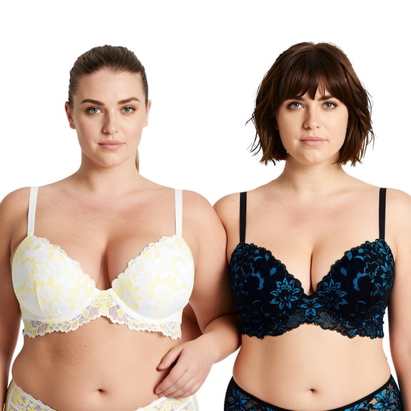 Curve Muse Women's Underwire Plus Size Push Up Add 1 and a Half Cup Lace Bras-2PK-Black/Blue,White/Yell-32B