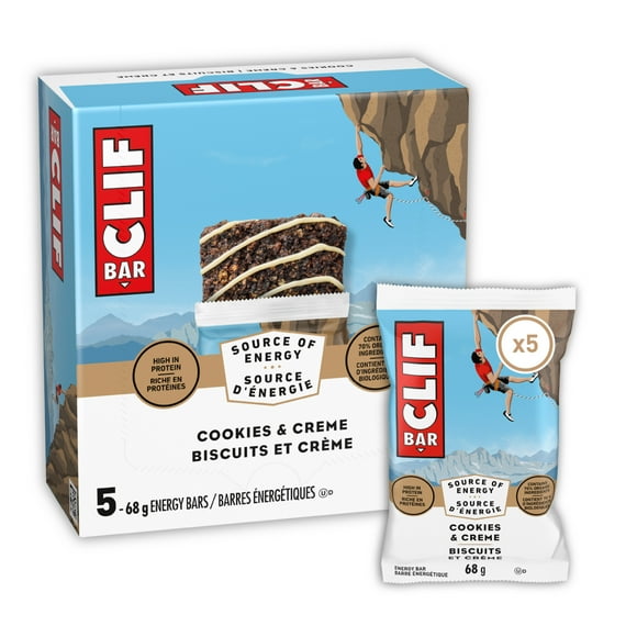 Barres énergétiques CLIF BAR Cookies & Creme, teneur élevée en protéines, contiennent 70 % d’ingrédients biologiques, (Emballage de 5) 340 g