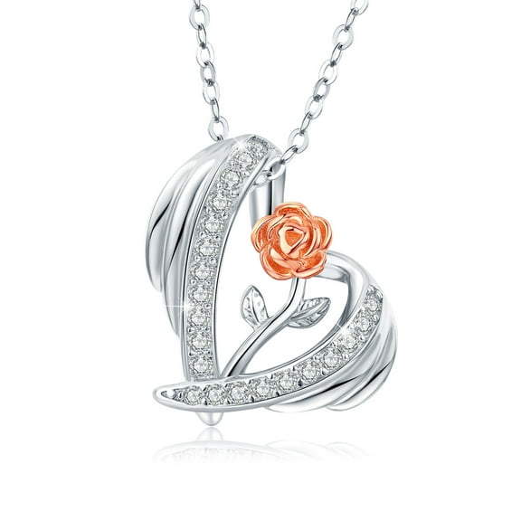 AOVEAO Heart Necklace Sterling Silver Rose Pendant Necklaces for Women Mom Jewelry Mother’s Day Birthday Gift 18’’ 2 Extender Chain