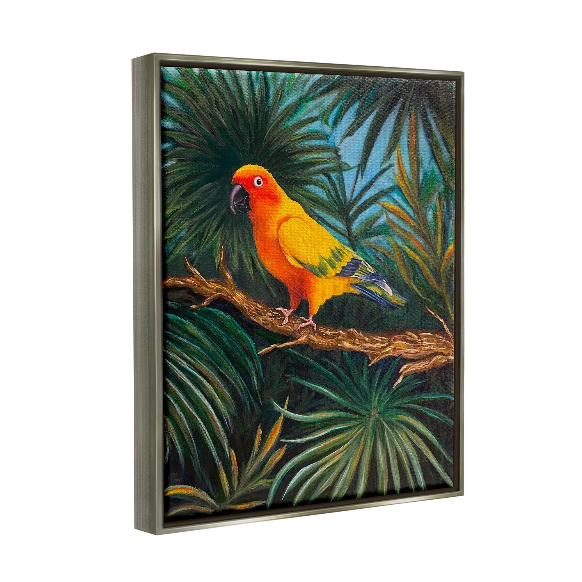 Stupell Industries Parrot in Tropical Trees Animals & Insects Painting Gray Floater Framed Canvas Art Print Wall Art, 25 x 31