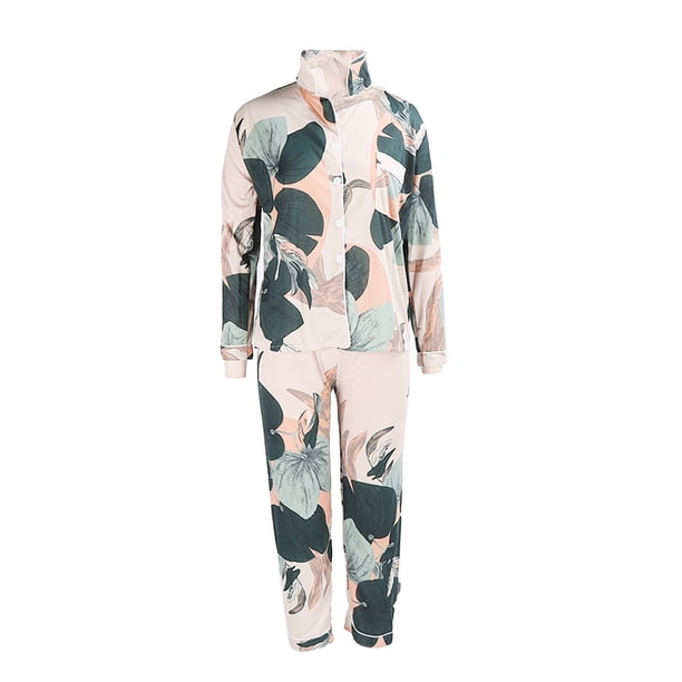 Conjunto de pijama de dos piezas Nikou para mujer manga larga bolsillo en el pecho cuello vuelto pantalones largos Estampado floral L