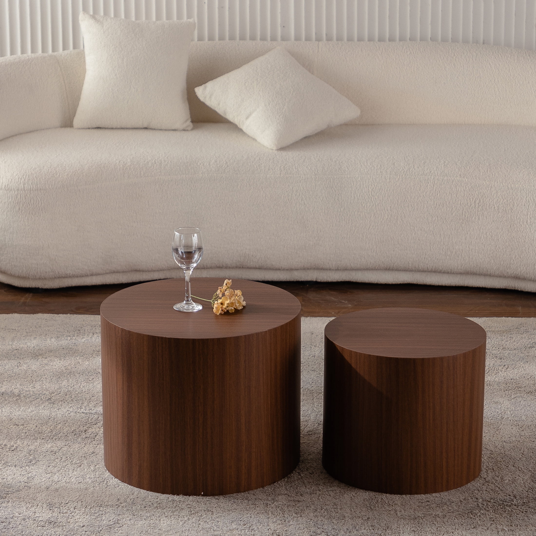 Noble House Nathan 2-Piece Round Nesting Coffee Table Set, Modern Wooden Industrial Side Tables, Walnut, Set of 2