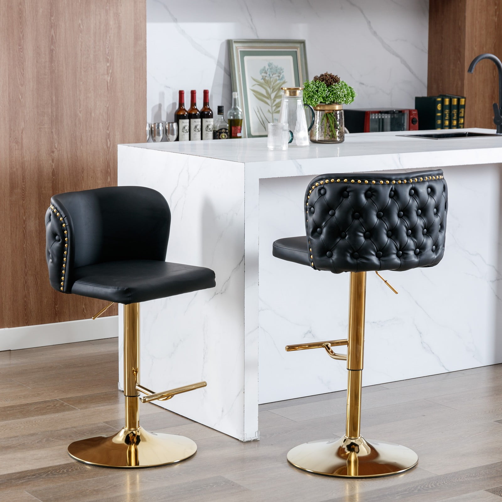 Round Kitchen High Bar Chairs with Golden Base PU Upholstered Bar Stool Chair Height Adjustable from 25-33 Inch Counter Chair with Back Swivel Barstool with Footrest for Kitchen (Set of 4)