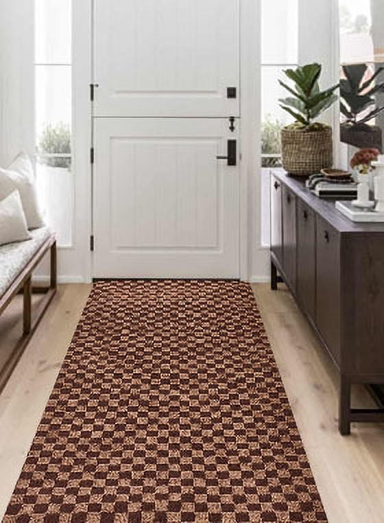 BESTVUE Area Runner Rug Outdoor Non Slips Carpet Runners Indoor Utility Rugs Mat for Kitchen Hallway Entryway Garage with Rubber Backing Brown Plaid 6ft x 8ft