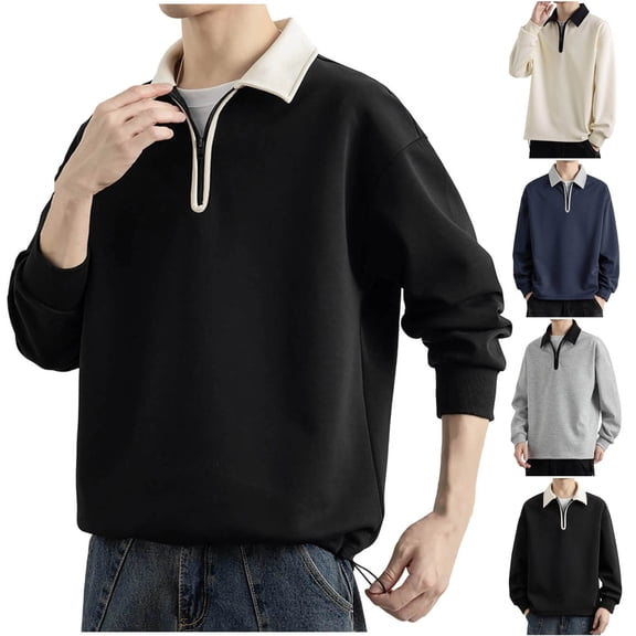 FRSASU Men's Polo Shirts Zip Long Sleeve Classic T-Shirts Casual Golf Shirts Stylish Collared Tee Gray