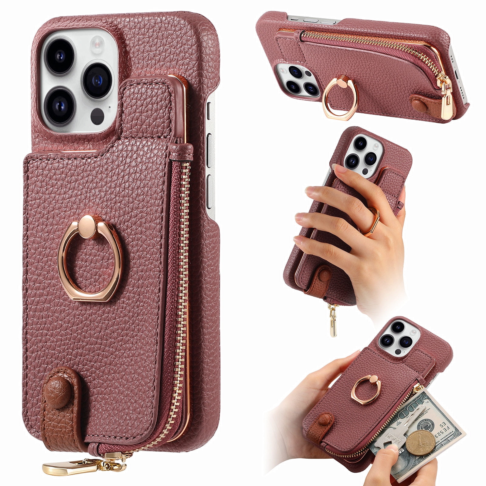 TECH CIRCLE For iPhone 14 Pro Case with Card Holder,Slim Stand PU Leather Zipper Wallet Case with Rotation Ring Holder Shockproof Protective Case for Apple iPhone 14 Pro 6.1" 2022,Purple