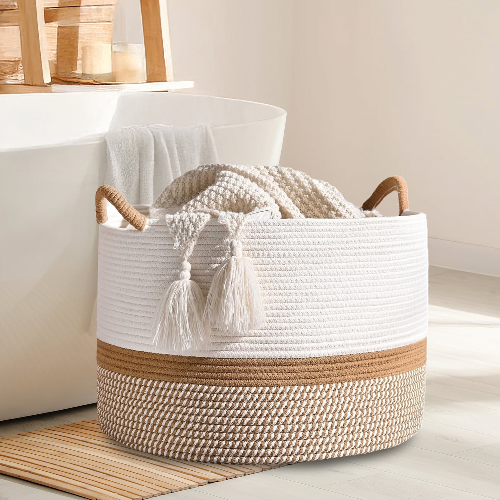 Large Cotton Rope Baskets for Storage, Blanket Woven Basket Laundry Hamper with Handles, Clothes Basket Toy Storage Organizer for Living Room, Nursery, Bedroom(White/Brown)