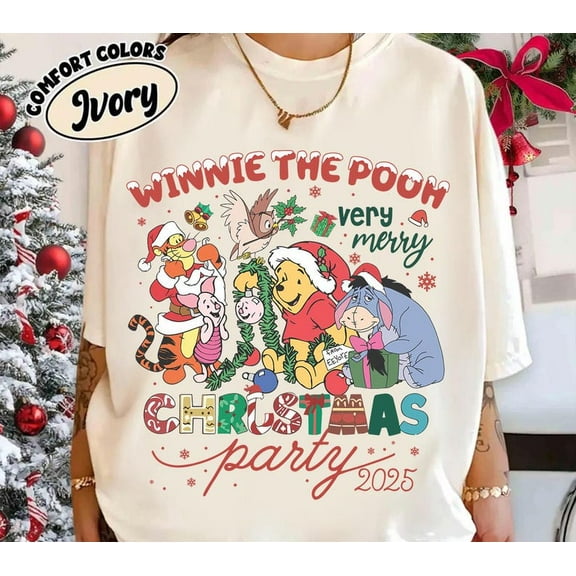 Winnie The Pooh Christmas Party 2025 Shirt, Very Merry Pooh And Friends Tee, Retro Vintage Christmas, Family Holiday Comfort Colors Shirt