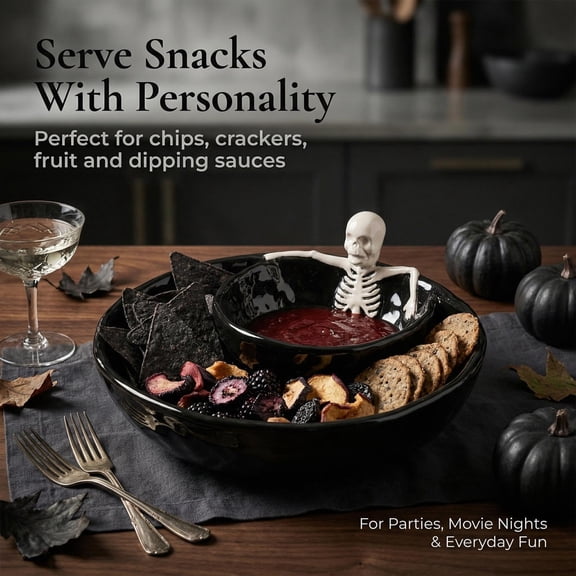 HOXZODT Halloween Skeleton Ceramic Serving Bowl, 2 in 1 Chip and Dip Platter, Black Gloss Snack Bowl with Skull Figure for Holiday Party Table Decor
