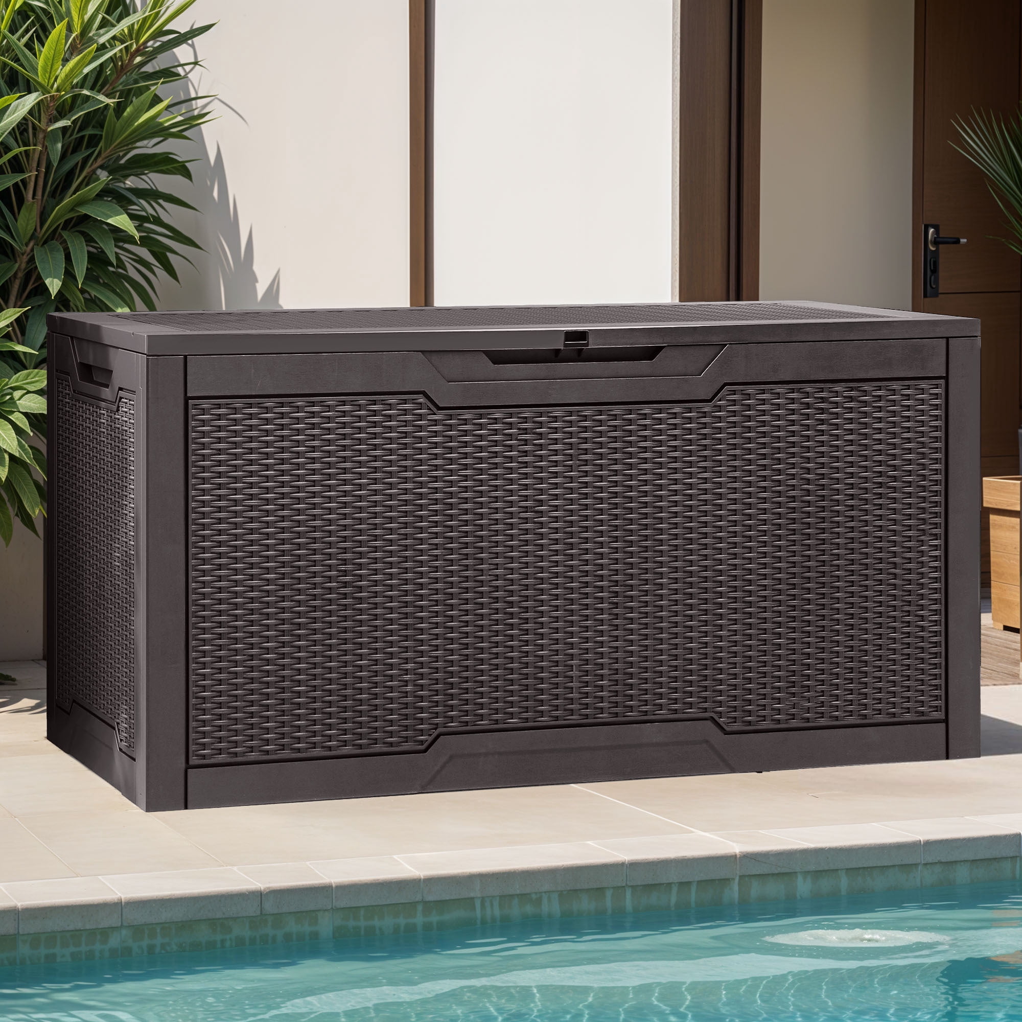 Uforic 100 Gallon Lockable Resin Outdoor Storage Deck Box, Uforic Multipurpose Storage Chest for Patio Accessories Garden Tools Daily Essentials, Weather Resistant, Dark Brown