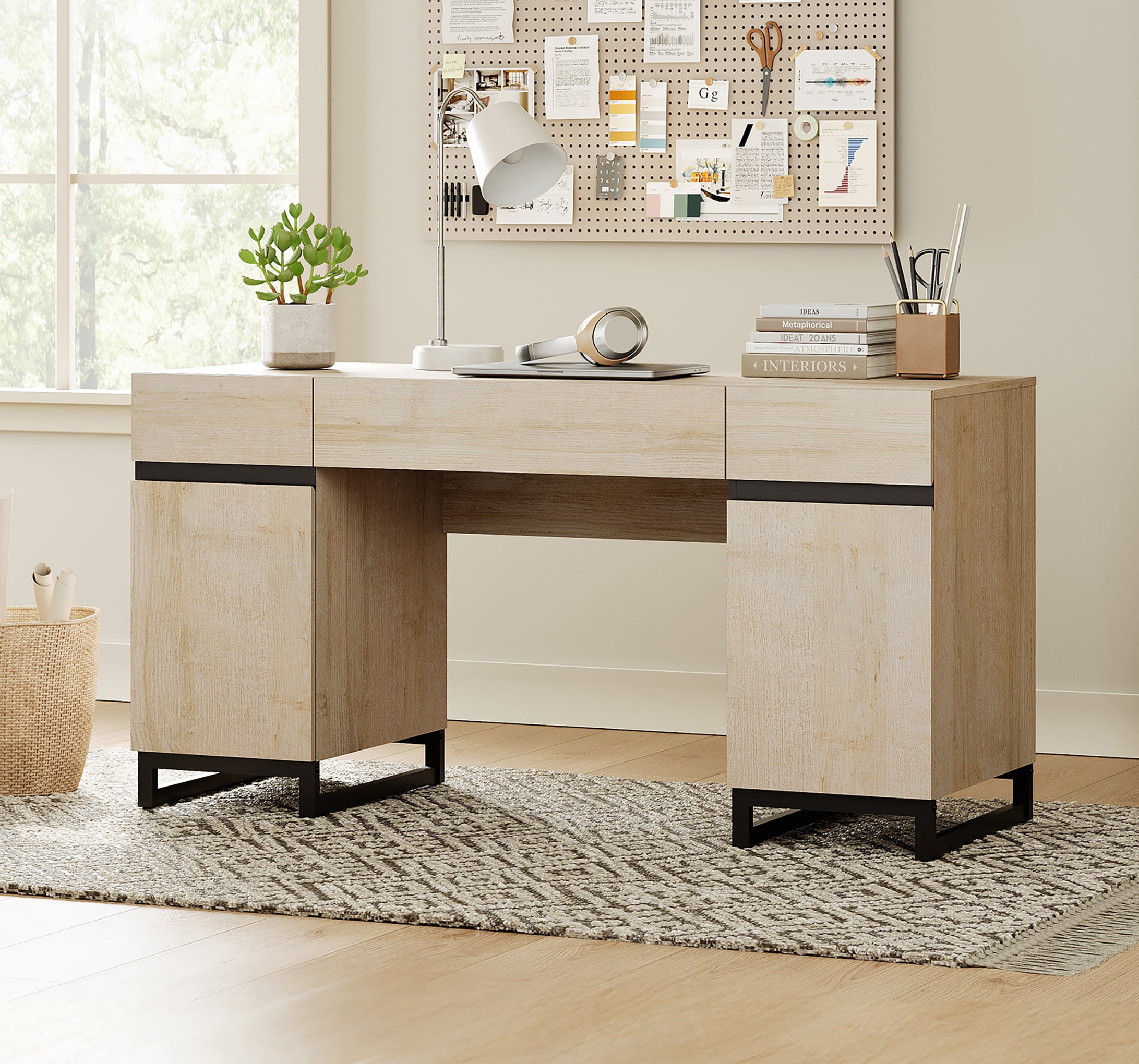 WAMPAT 59 Inch Home Office Desk, Modern Wood Study Computer Desk with Charging Station, File Drawer, 3 Drawers & 2 Cabinets, Beige