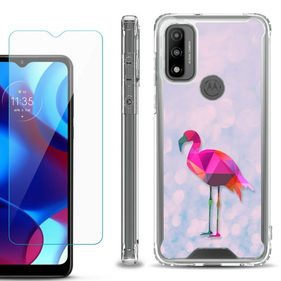 Shockproof Bumper Phone Case for Motorola Moto G Pure, with Tempered Glass Screen Protector, by OneToughShield ® - Flamingo / Polygon