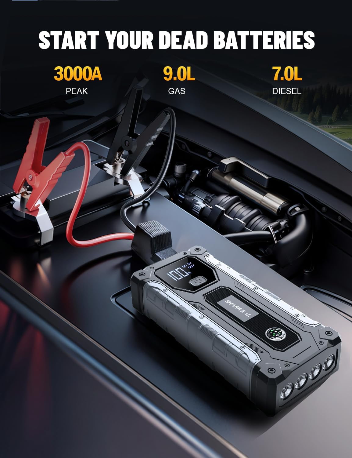 Car Jump Starter 3000A, Jump Starter Battery Pack for Up to 9.0L Gas and 7.0L Diesel Engines, 12V Portable Jump Box with LED Light