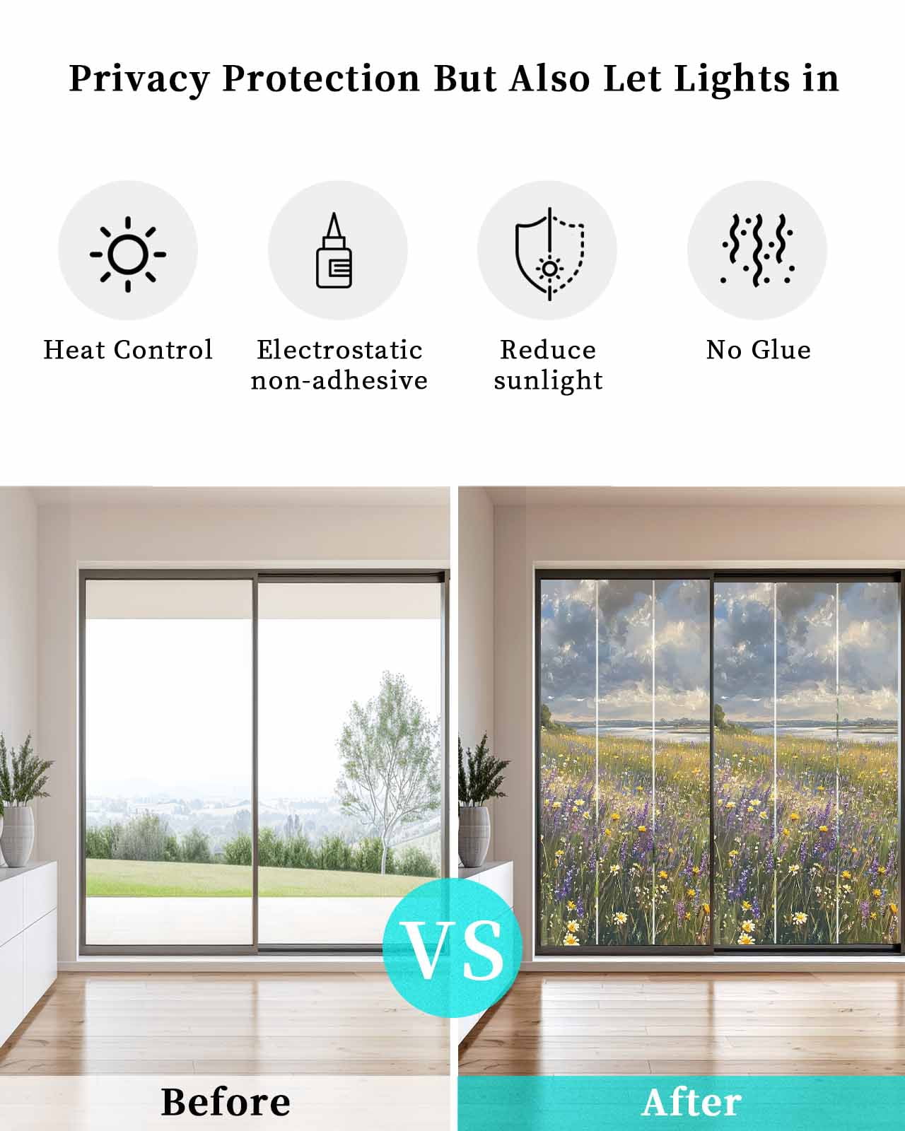 Window Privacy Film Spring Floral Stained Glass Window Film Decorative Sun Block Window Cover Pastoral Botanical Oil Painting Flower Window Clings Static Adhesive Sticker for Bathroom 29.5"x78.7"