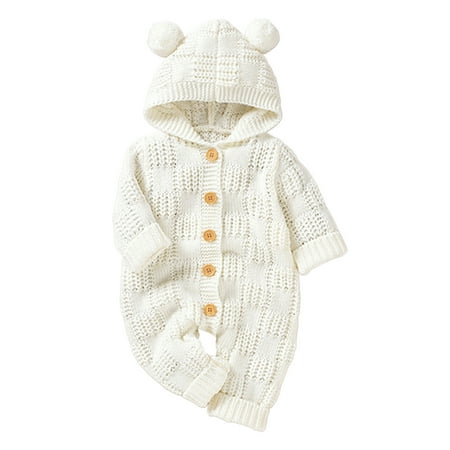 

Frontwalk Infant Casual Solid Color Bodysuit Hooded Loose Playsuit Baby Knitted Party Jumpsuit White 80cm