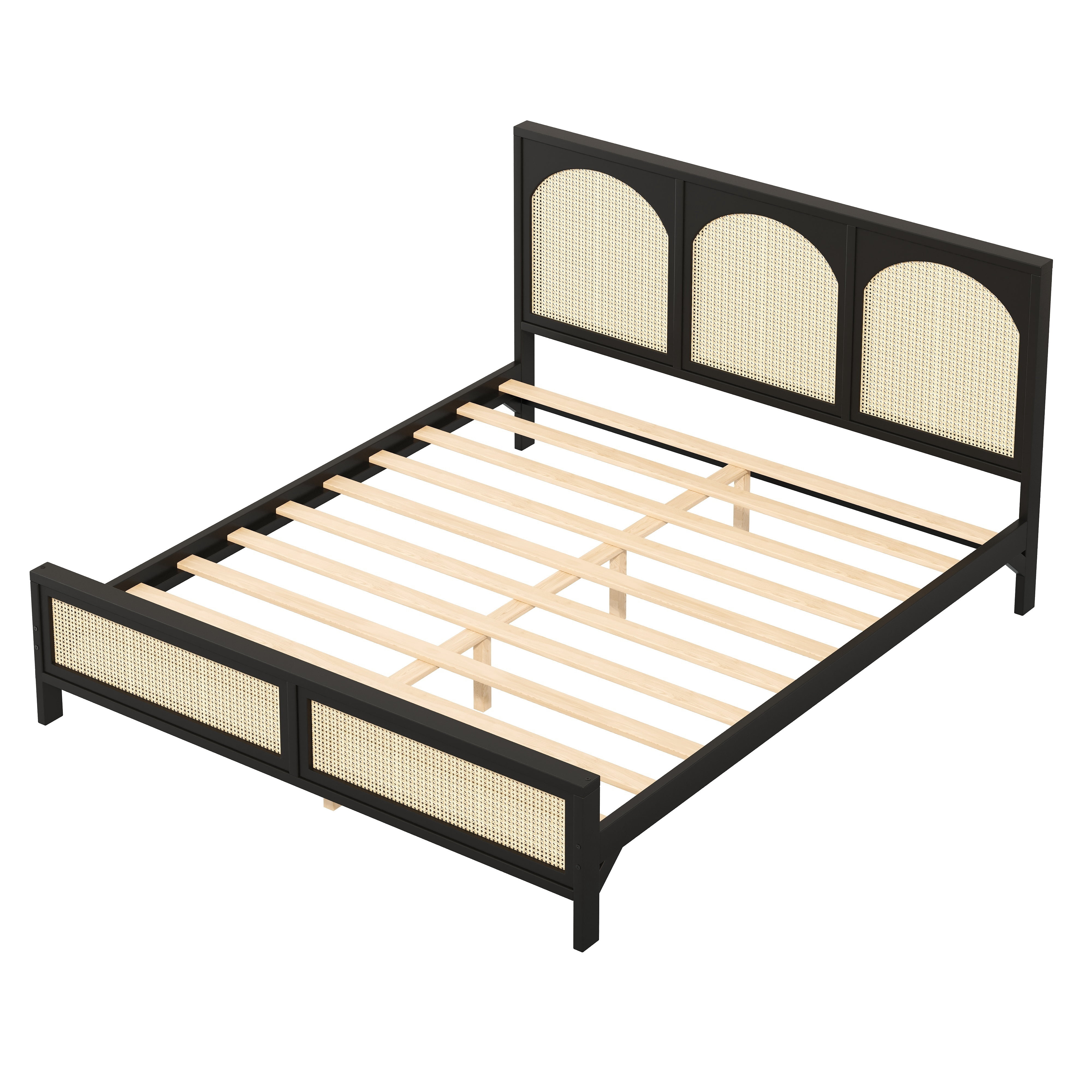 Euroco Queen Size Platform Bed with Rattan Headboard, Black
