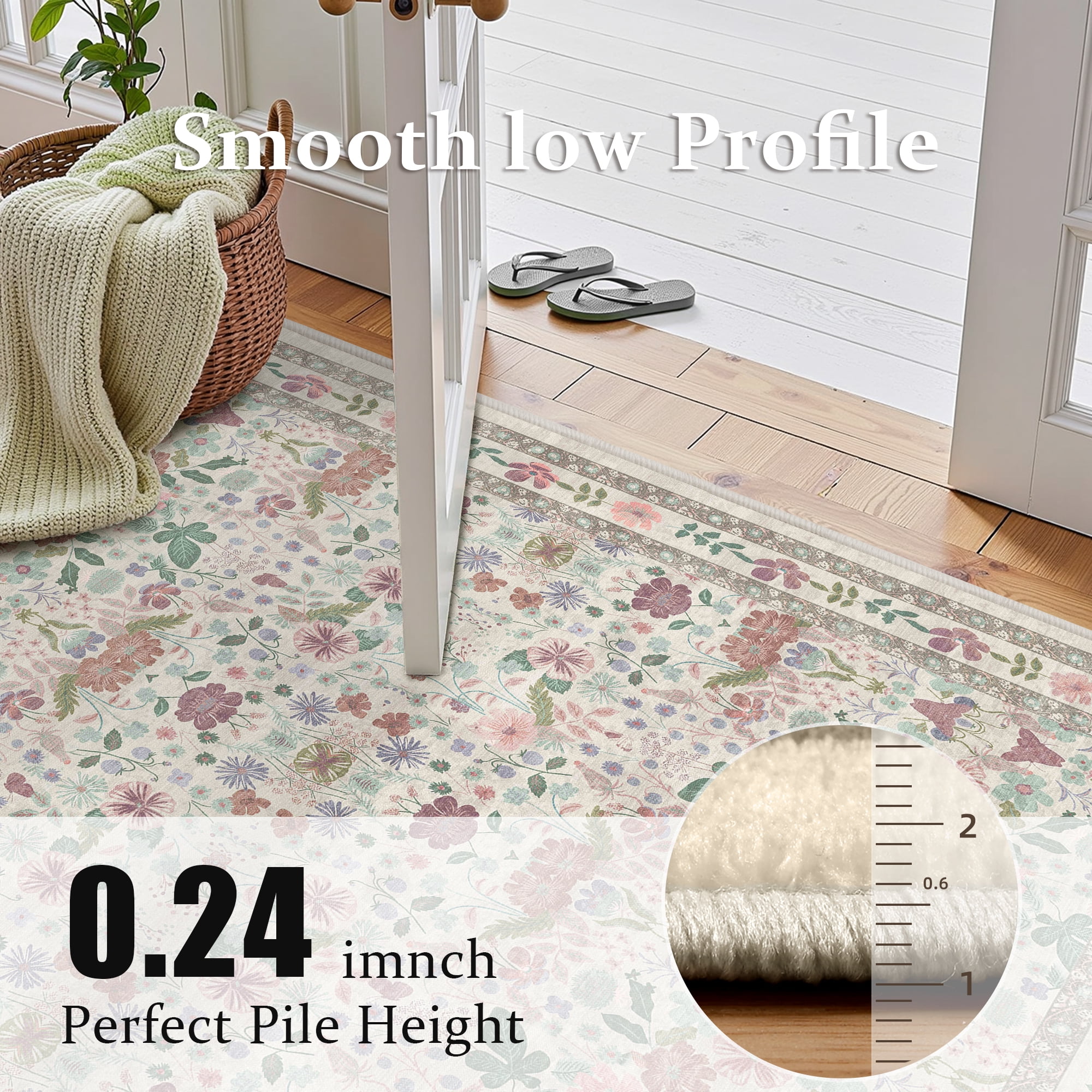 ATHOPE 5x7 Area Rugs for Living Room Bedroom, Floral Washable Soft Low Pile Rug with Non-Slip Backing, Large Vintage Distress Print Pattern Carpet, Beige Pink Floral