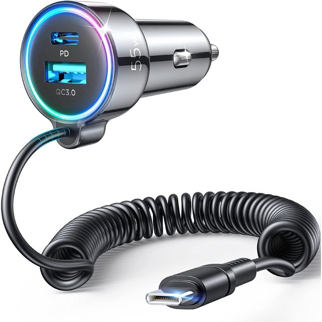 Cargador de coche USB C, cargador de coche súper rápido de 55 W, 3 puertos PD y QC3.0 con cable tipo C en espiral súper rápido de 5 pies y 30 W, cargador de coche para Samsung Galaxy S22/21/iPhone/Go