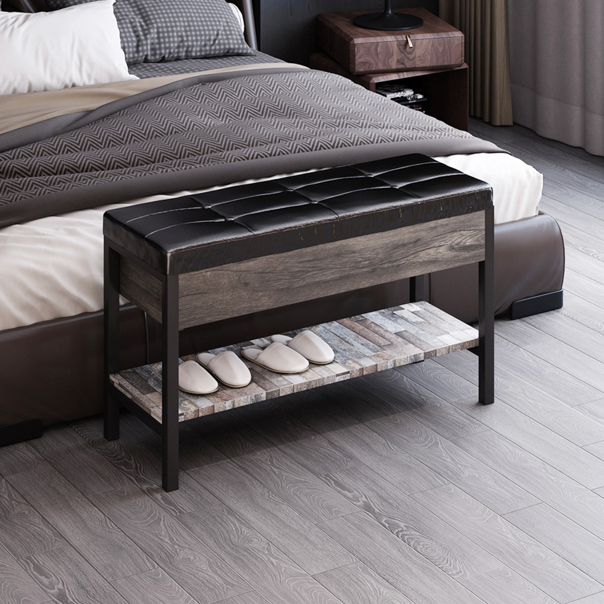 Finihen Storage Bench, Entryway Shoe Bench with Flip-Open Storage Box, End of Bed Ottoman Bench with Storage Shelf and Padded Seat for Bedroom, Hallway, Black