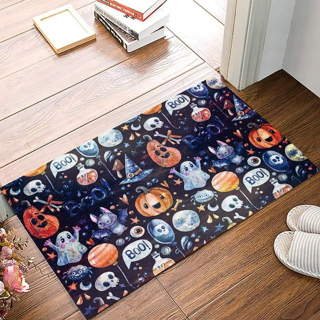 Door Mat Non-Slip Dirt Proof Front Door Rug Durable Water Absorbent Happy Halloween Theme Boo Ghost Cartoon Bats Fantasty Doormat for Entryway Indoor and Outdoor,Garage,Welcome Mat 18x30 Inch