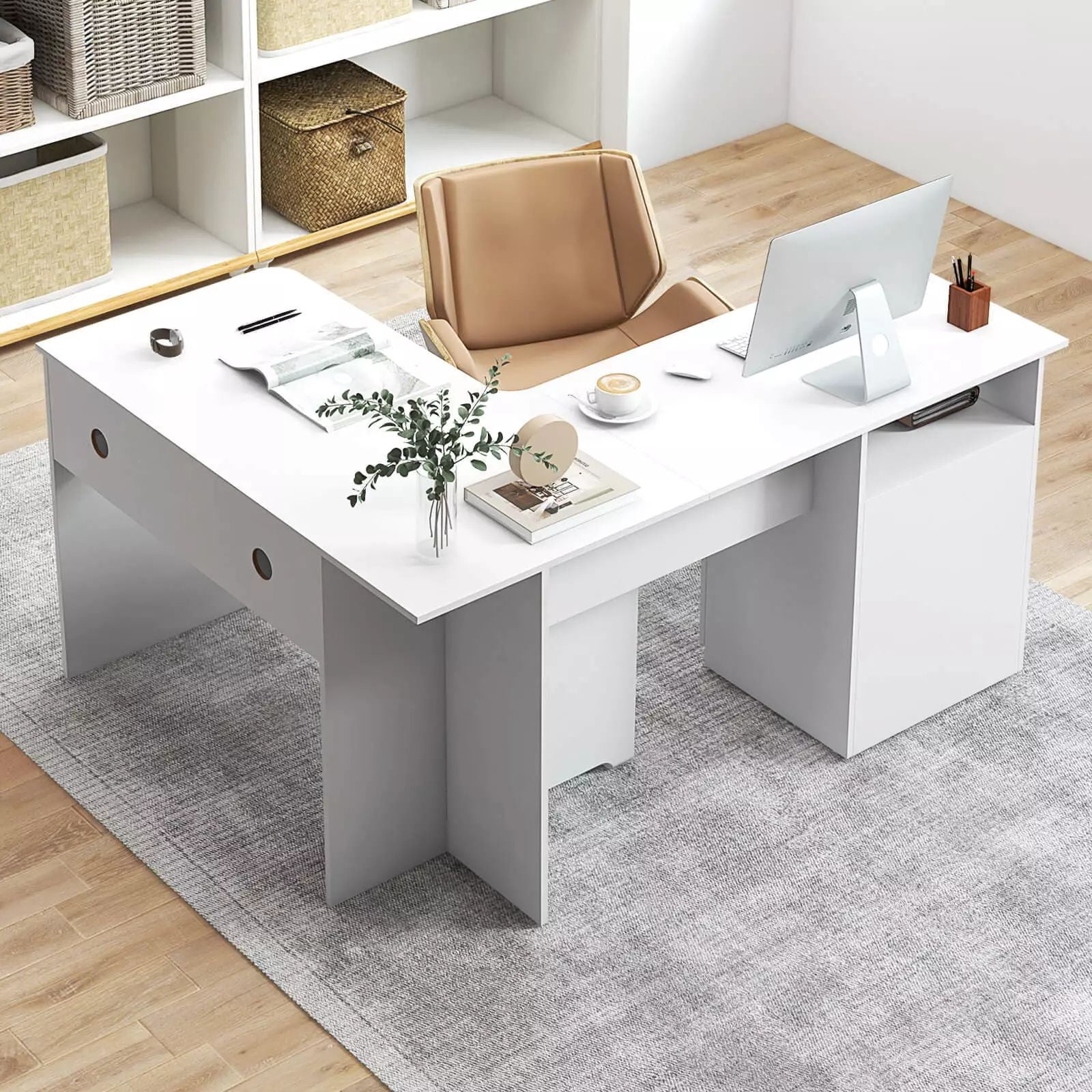 Harmijoy 59" L Shaped Study Writing Desk with Letter File Drawer, Open Compartment , Large Home Office Workstation, White