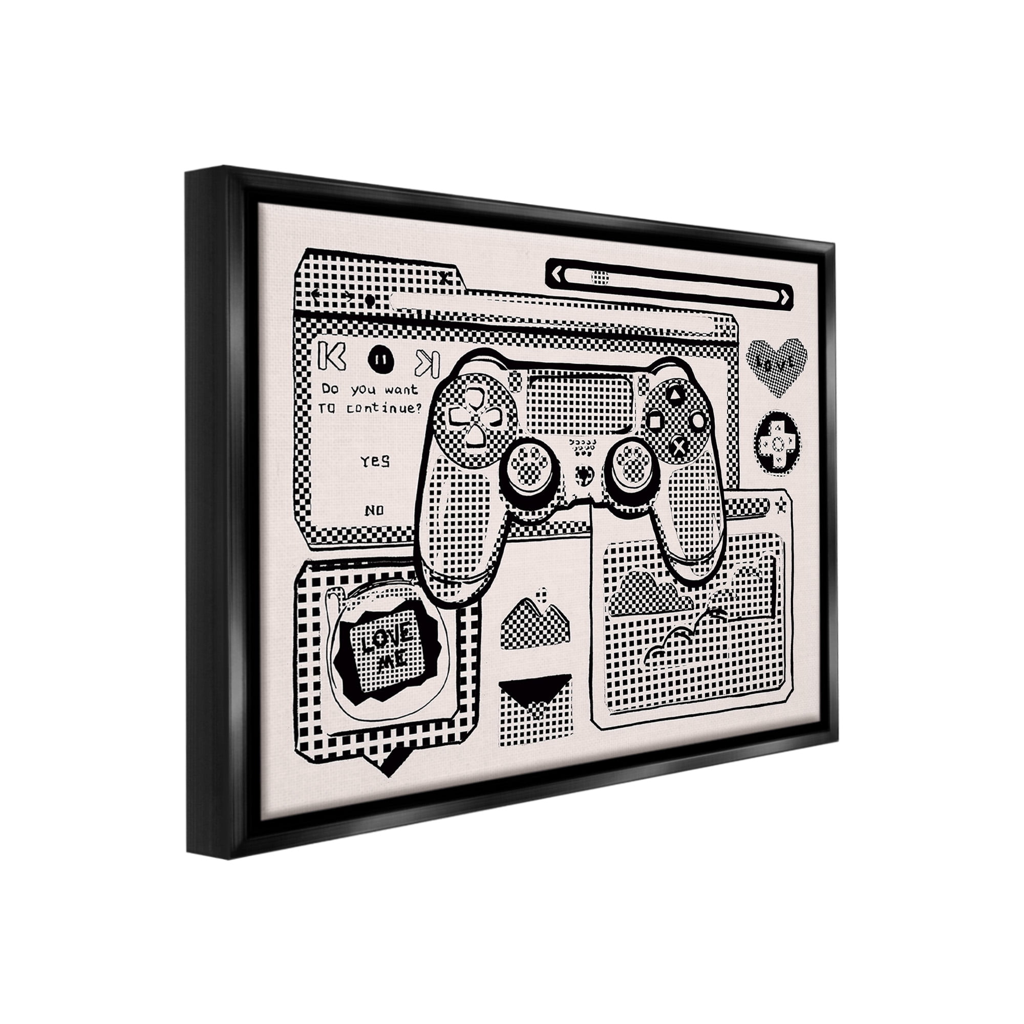 Stupell Industries Retro Gamer Collage Typography Painting Black Floater Framed Canvas Art Print Wall Art, 31 x 25