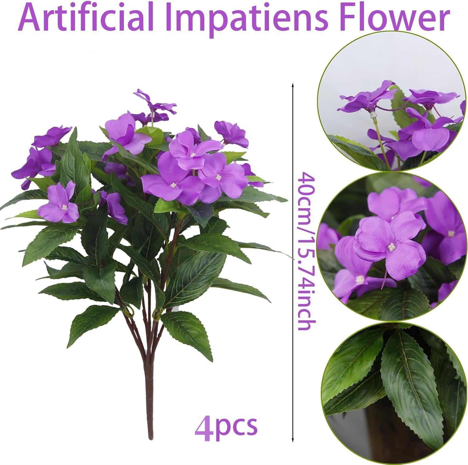 Topboutique Artificial Flower Impatiens Silk Flowers Greenery Faux Impatiens Bushes Fake Impatiens Bouquet Lifelike Flowers Bouquet for Lawn Garden Home Wedding Decoration (4 Pcs-7 Branches-Purple)